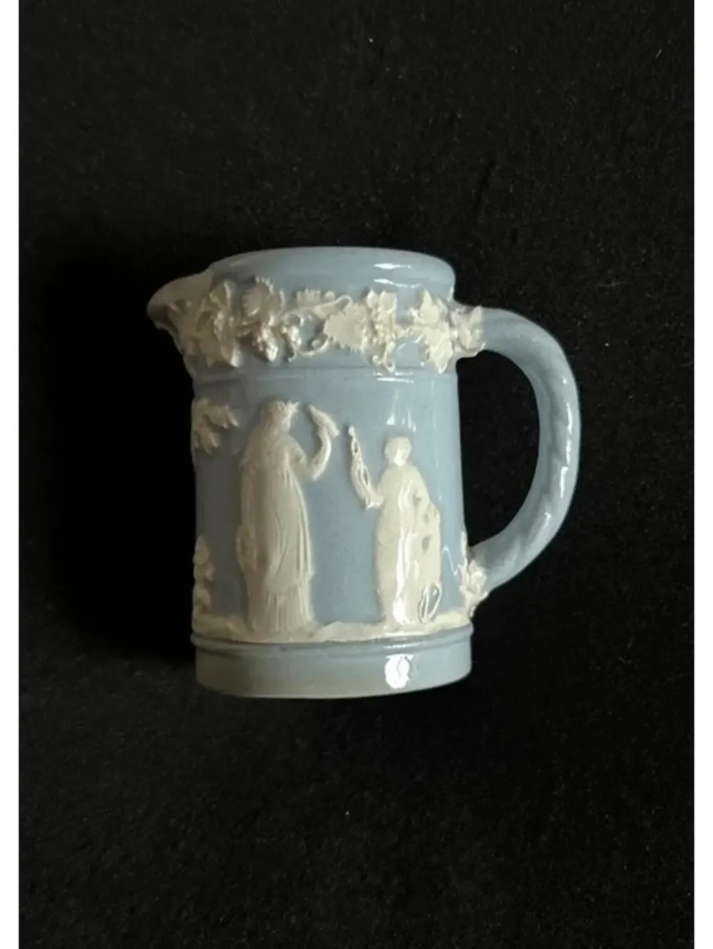 Vintage Blue Jasperware Mini Pitcher with White Relief Decoration
